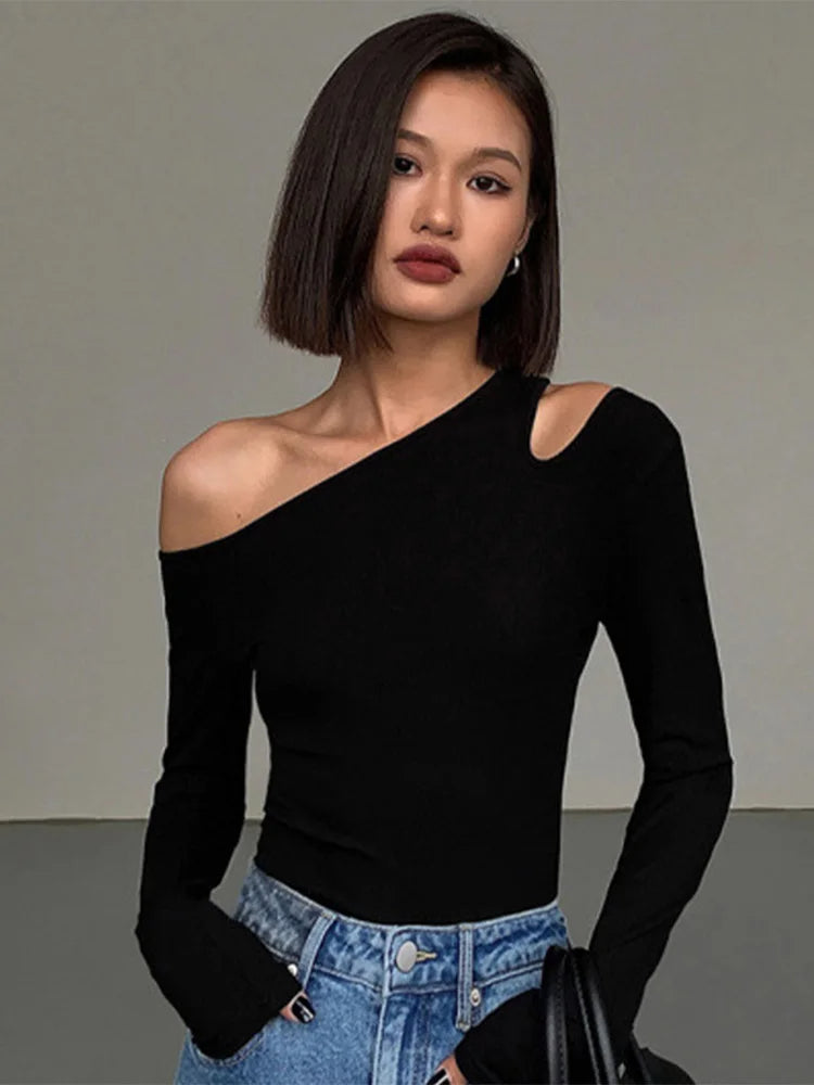 Off Shoulder Skew Collar Hollow-Out Crop Top