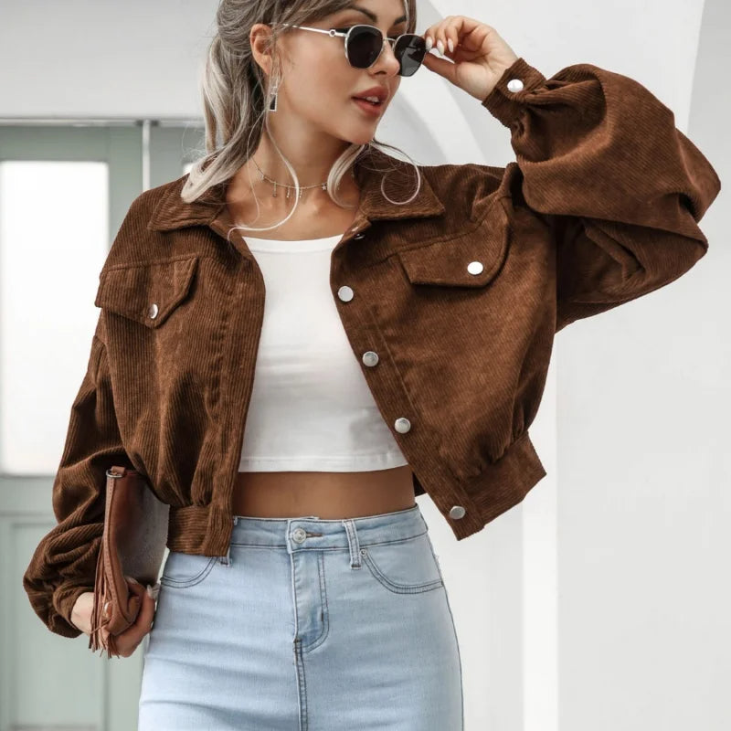 Corduroy Cropped Jacket with Lantern Sleeves
