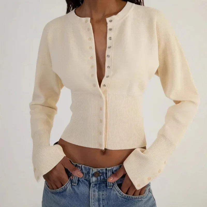 High-Waist Buttoned Knit Cardigan with Round Neck