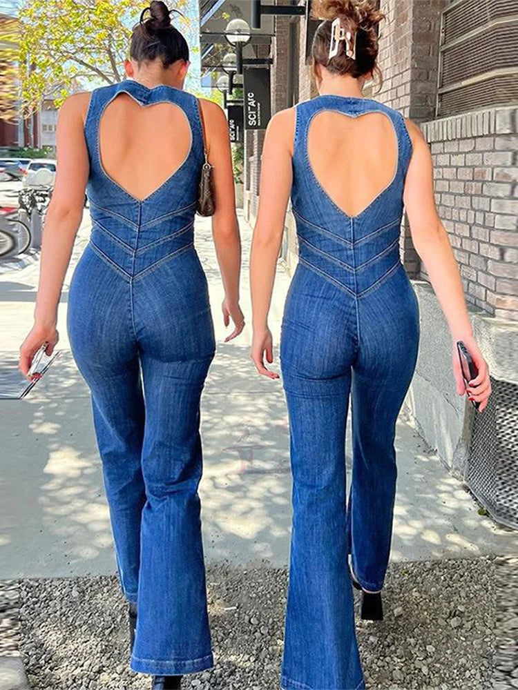 High Waist Wide-Leg Denim Jumpsuit with Open Back