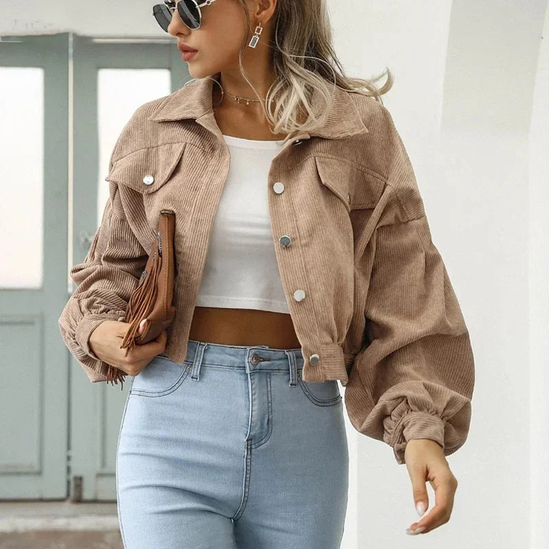 Corduroy Cropped Jacket with Lantern Sleeves