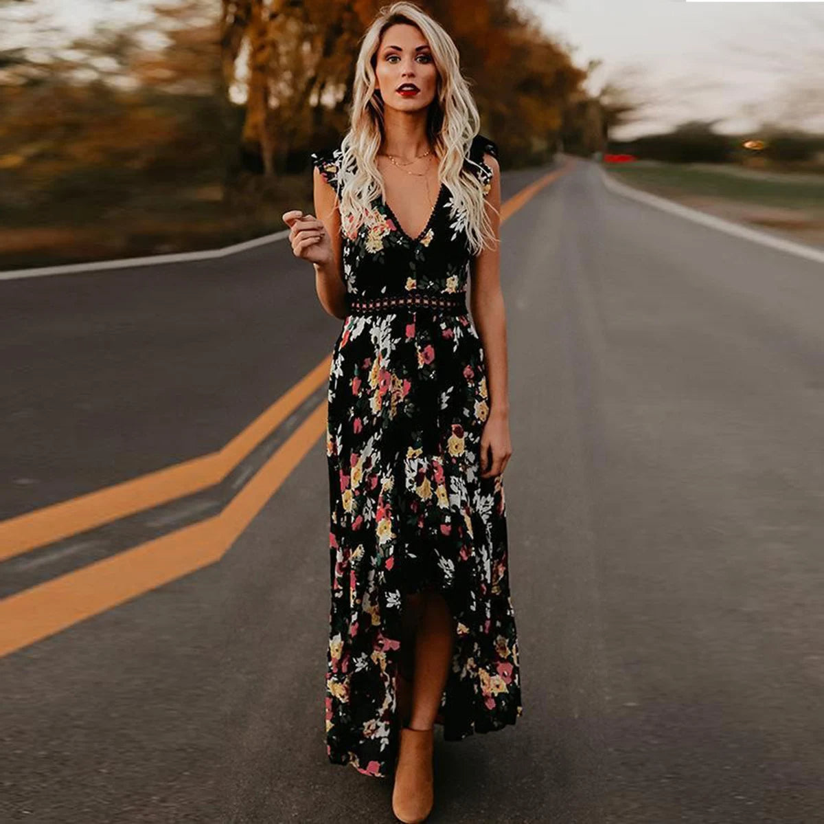 Floral Backless Maxi Dress Fit and Flare Silhouette
