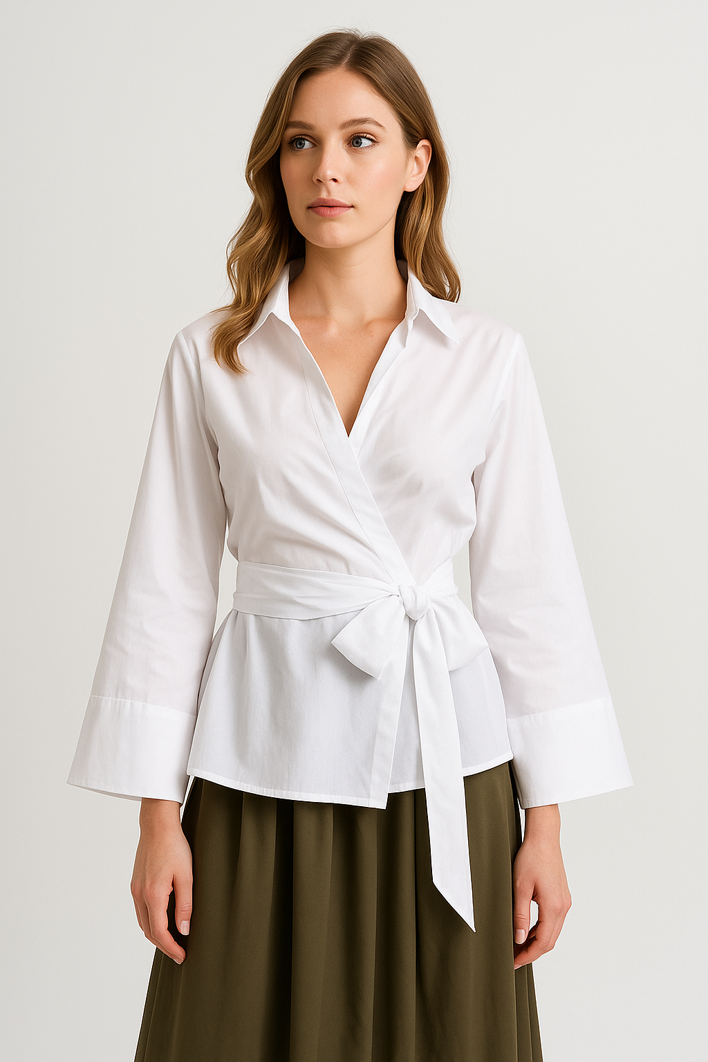 Blouse with Flare Sleeves and Waist Tie Detail