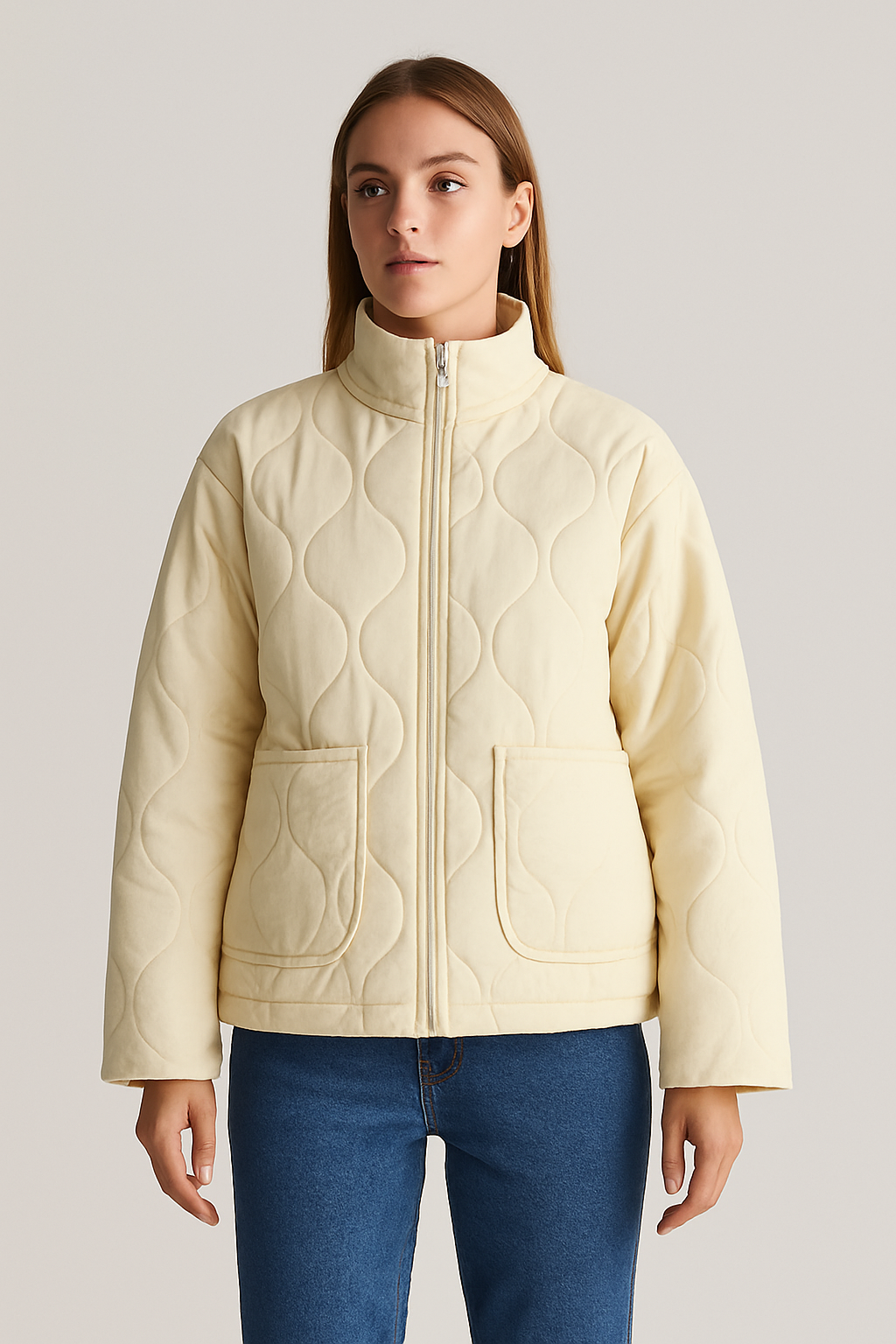 Padded Quilted Zip Jacket with High Neck and Oversized Front Pockets