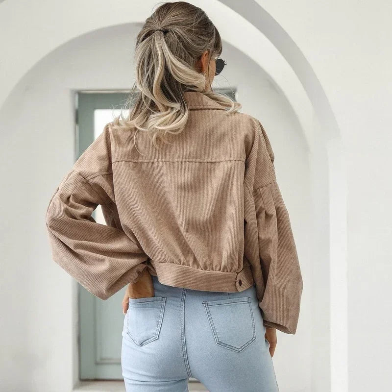 Corduroy Cropped Jacket with Lantern Sleeves