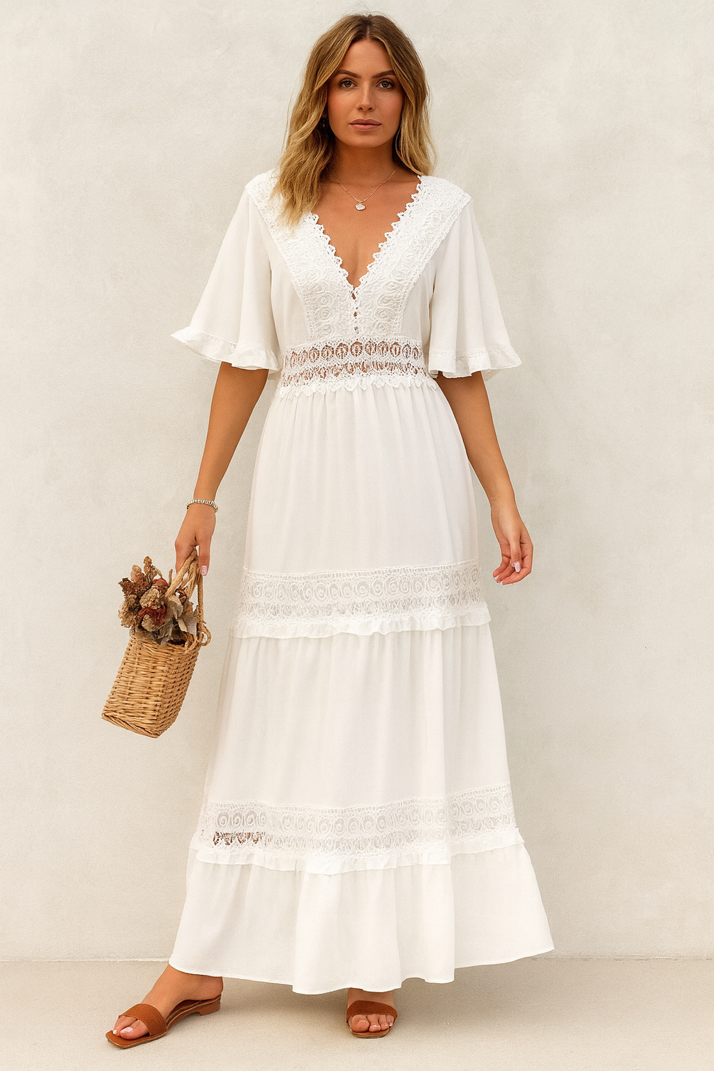 Maxi Dress White Beach Cover-Up with Ruffles