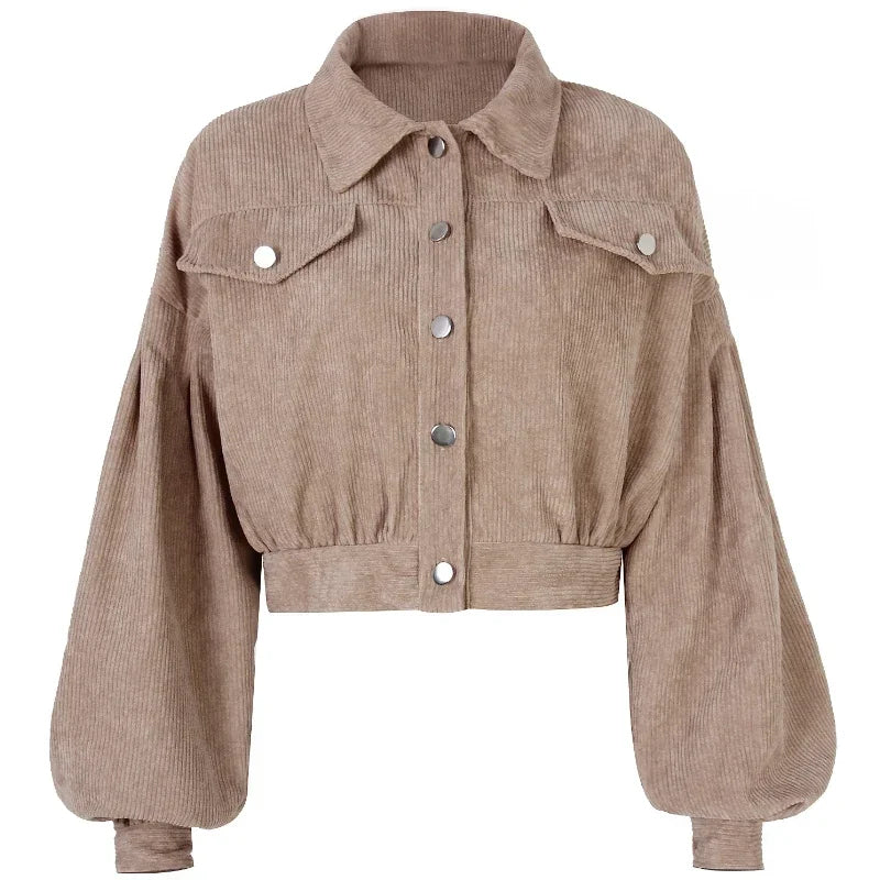 Corduroy Cropped Jacket with Lantern Sleeves