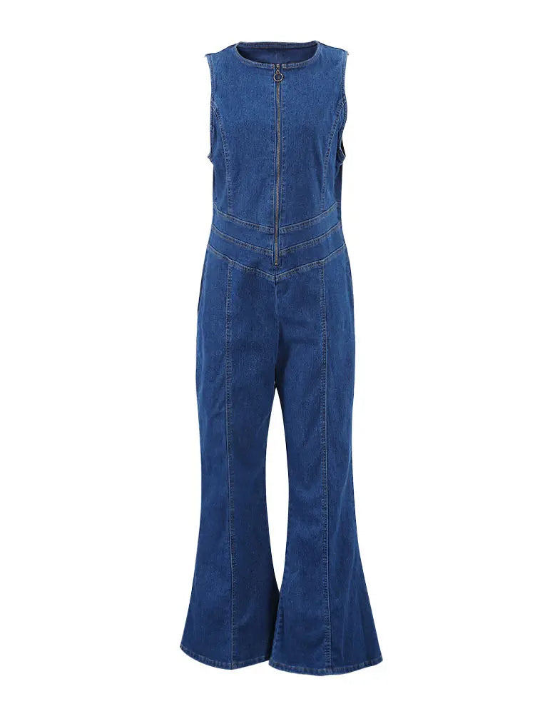 High Waist Wide-Leg Denim Jumpsuit with Open Back