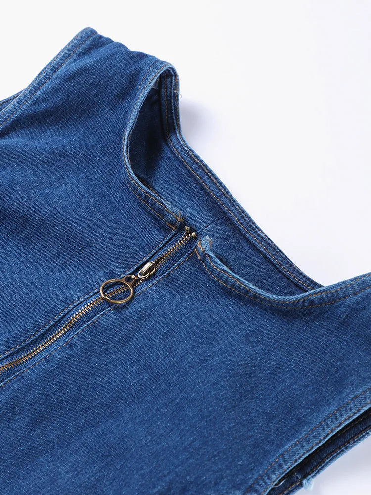 High Waist Wide-Leg Denim Jumpsuit with Open Back
