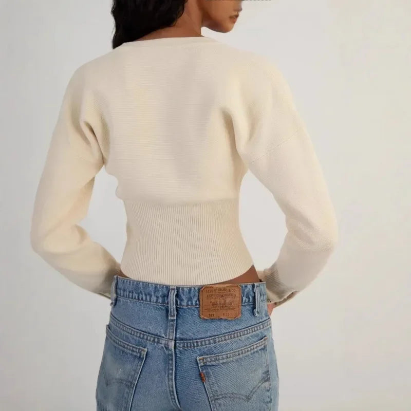 High-Waist Buttoned Knit Cardigan with Round Neck