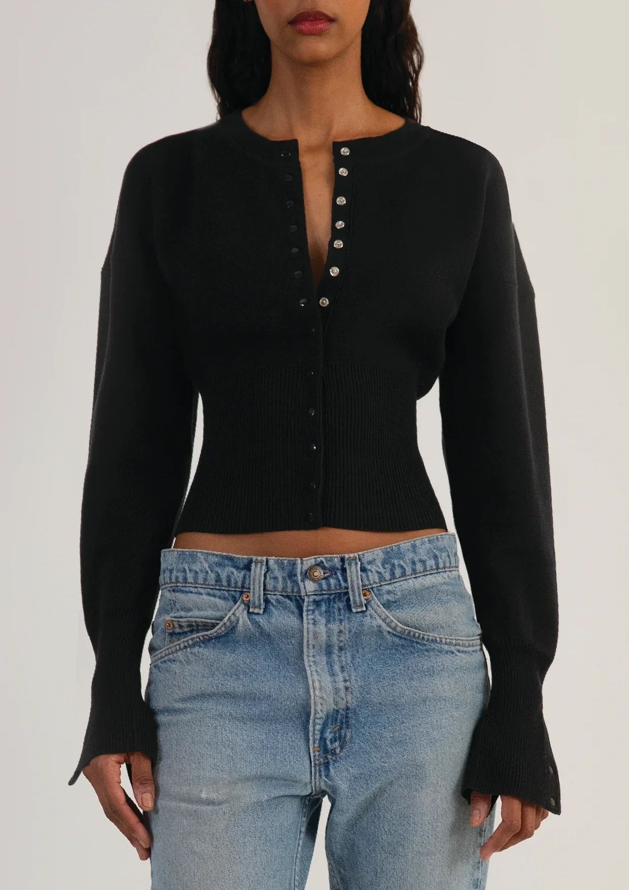 High-Waist Buttoned Knit Cardigan with Round Neck