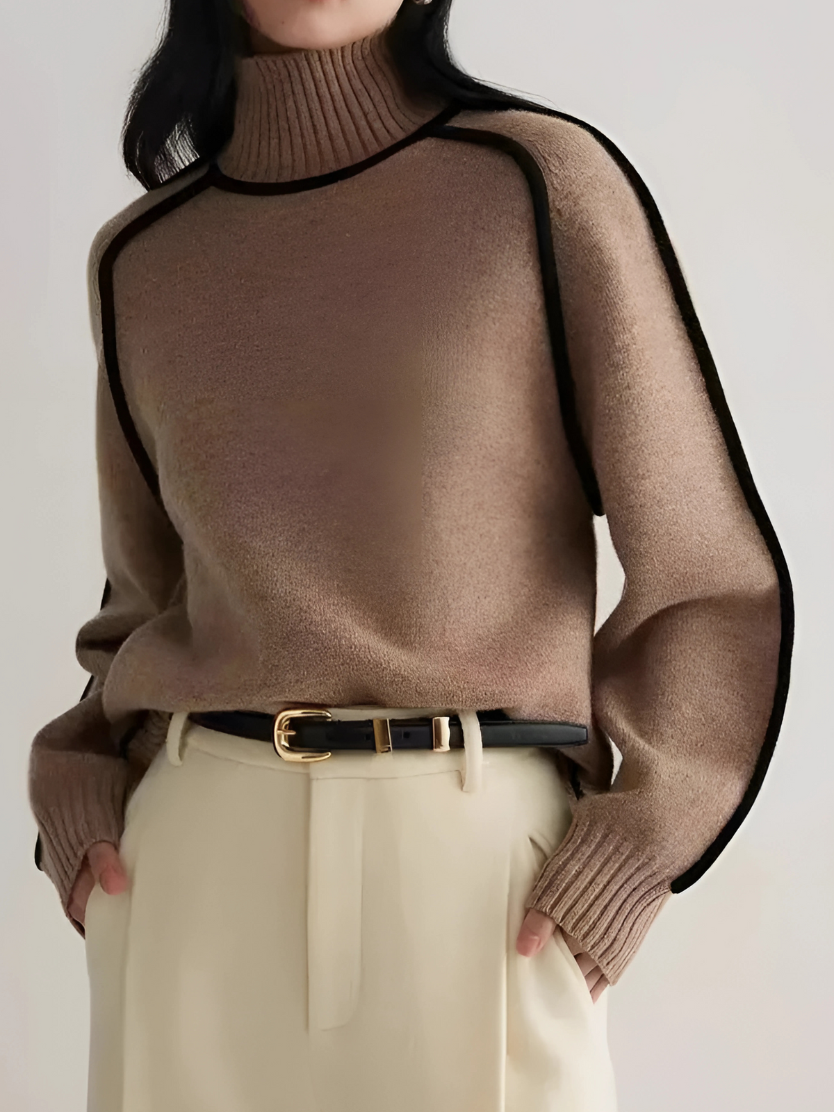 Knitted Pullover Sweater with Half Turtleneck and Lantern Sleeves