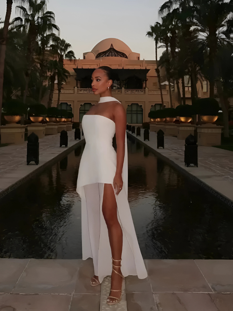 Strapless Maxi Dress with Sheer Gauze Panel and Slim A-Line Fit