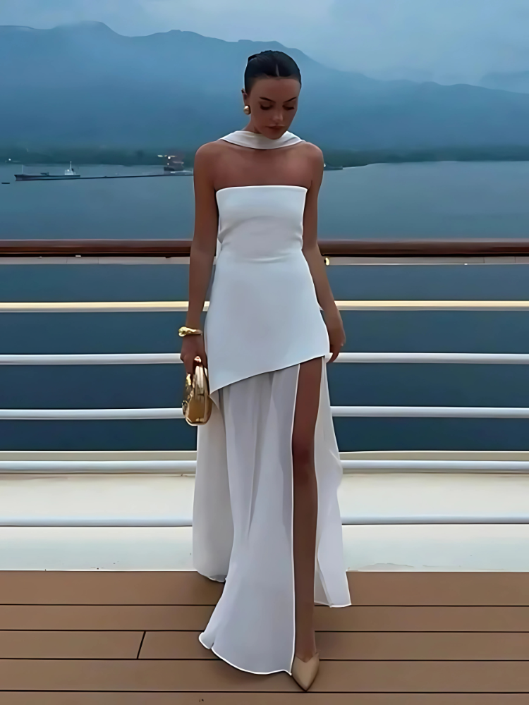 Strapless Maxi Dress with Sheer Gauze Panel and Slim A-Line Fit