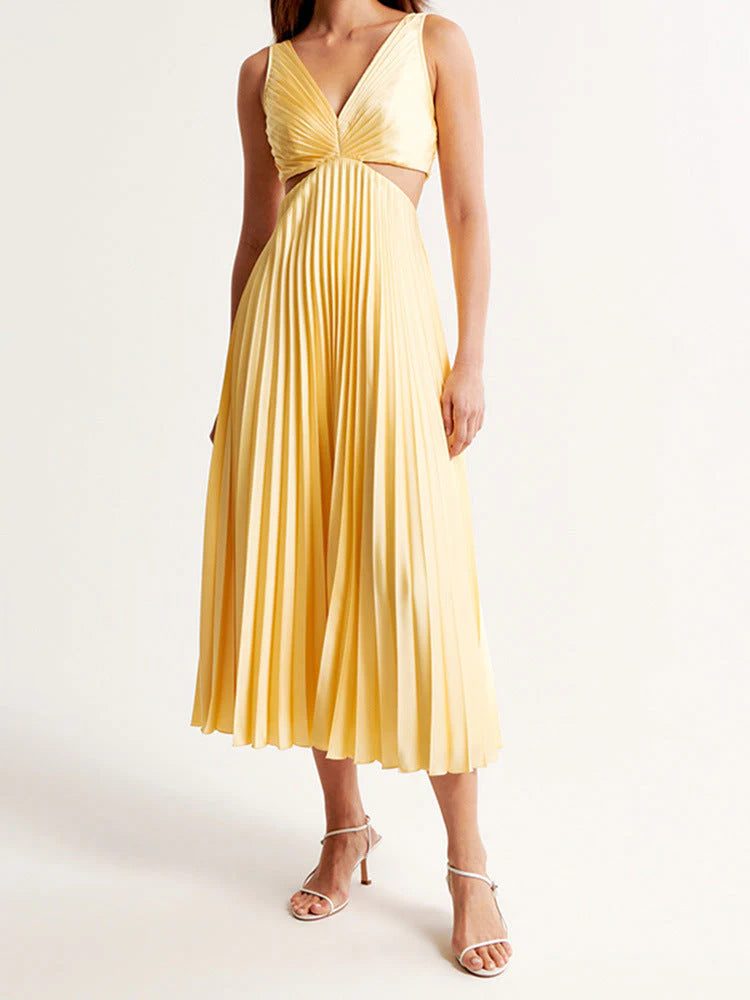 Ribbed Knit Backless Midi Dress with High Slit and Hollow V-Neck