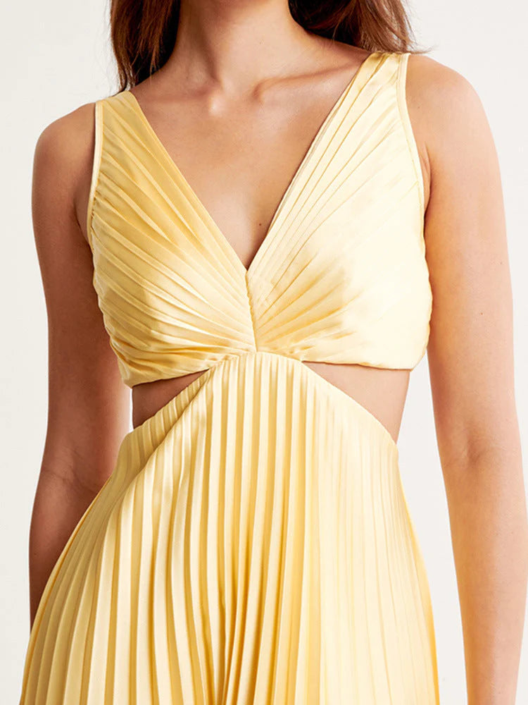 Ribbed Knit Backless Midi Dress with High Slit and Hollow V-Neck