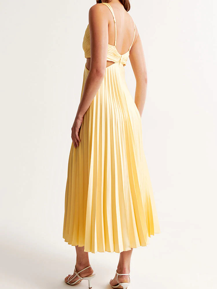 Ribbed Knit Backless Midi Dress with High Slit and Hollow V-Neck