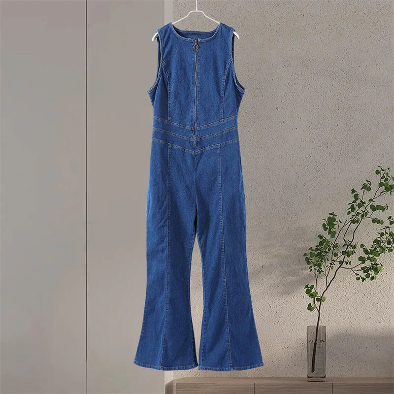 High Waist Wide-Leg Denim Jumpsuit with Open Back
