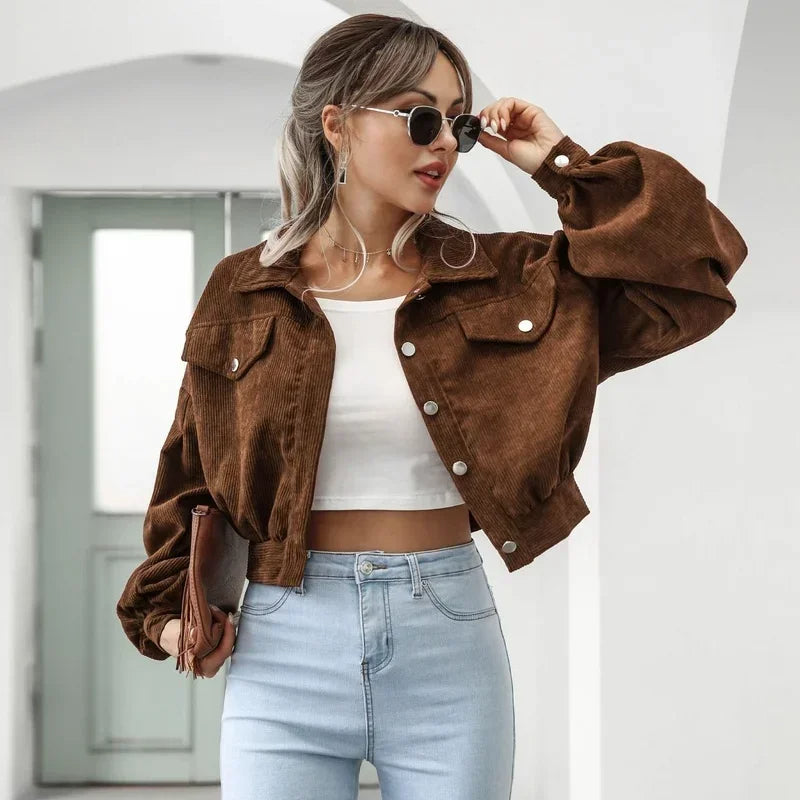 Corduroy Cropped Jacket with Lantern Sleeves