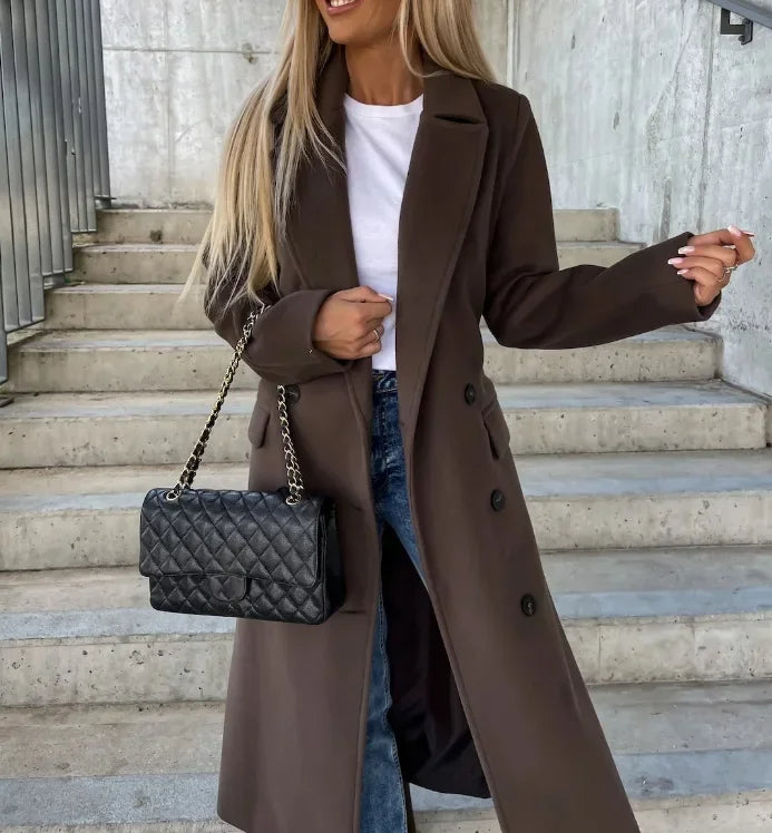 Double-Breasted Long Coat with Split Hem and Tailored Lapel Collar