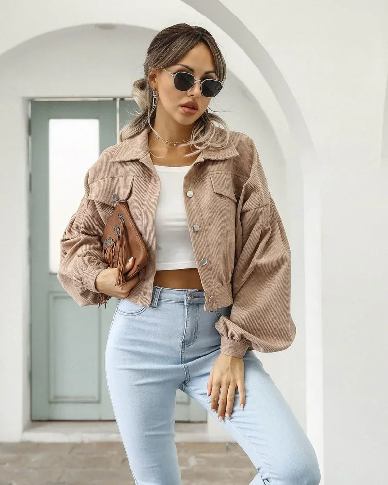 Corduroy Cropped Jacket with Lantern Sleeves