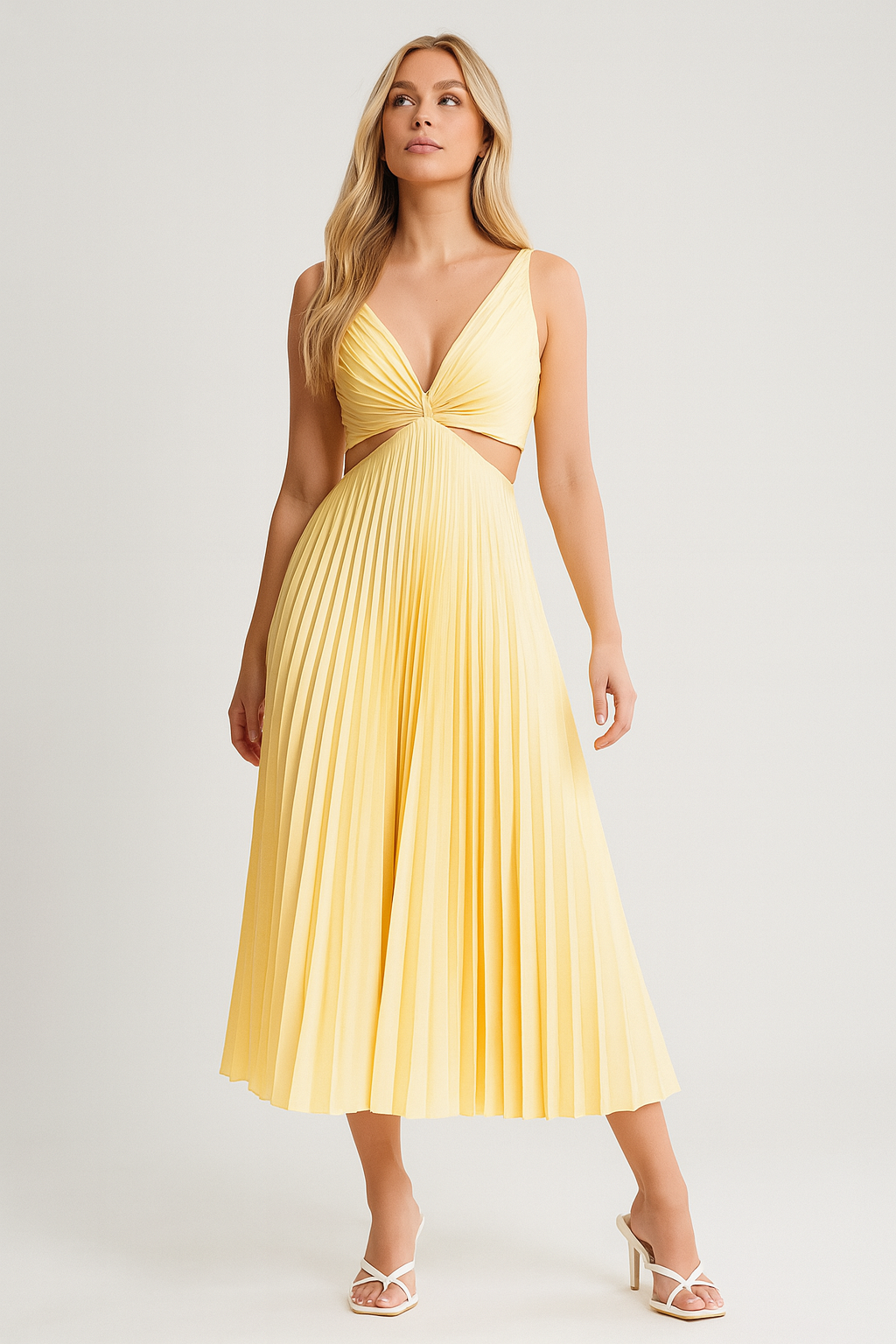 Ribbed Knit Backless Midi Dress with High Slit and Hollow V-Neck