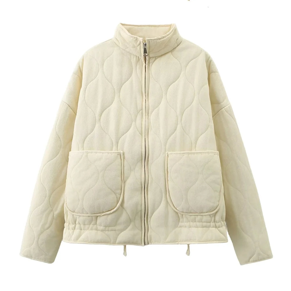 Padded Quilted Zip Jacket with High Neck and Oversized Front Pockets