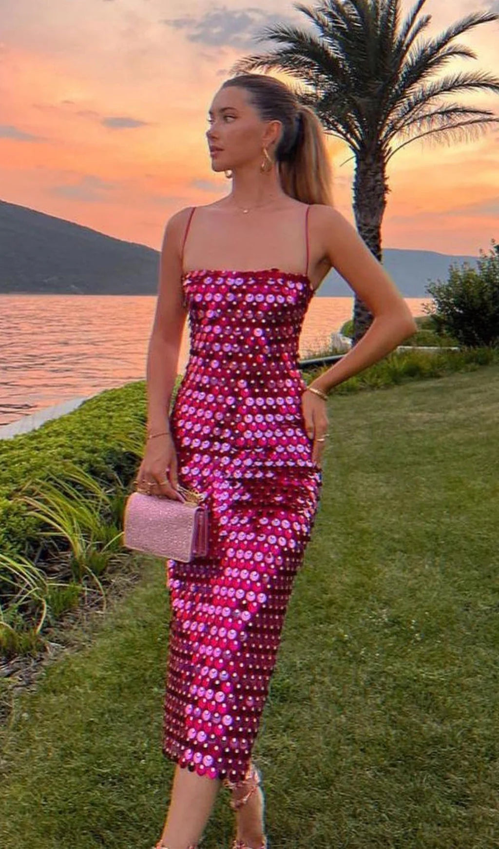 One-Shoulder Beaded Midi Dress