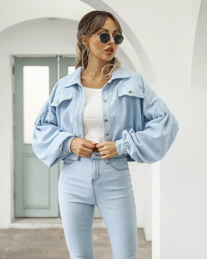 Corduroy Cropped Jacket with Lantern Sleeves