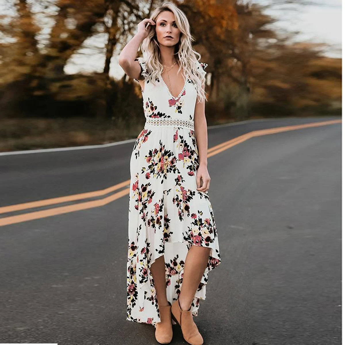 Floral Backless Maxi Dress Fit and Flare Silhouette